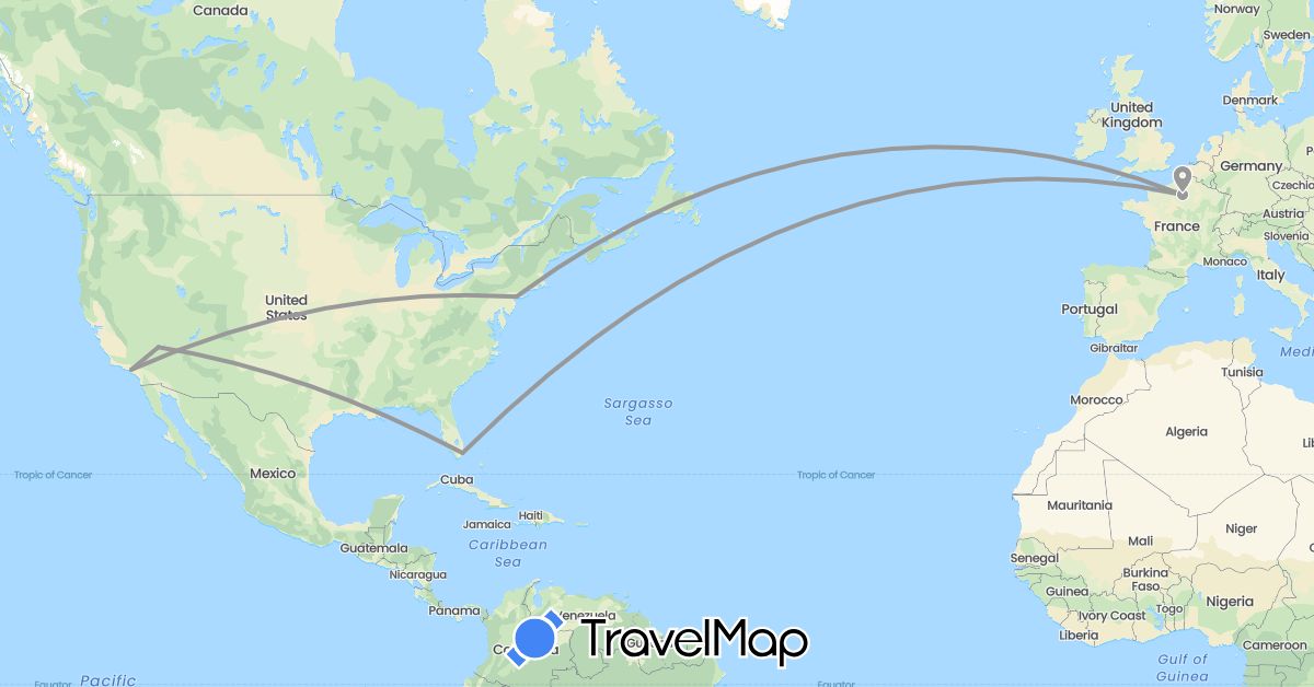 TravelMap itinerary: plane in France, United States (Europe, North America)